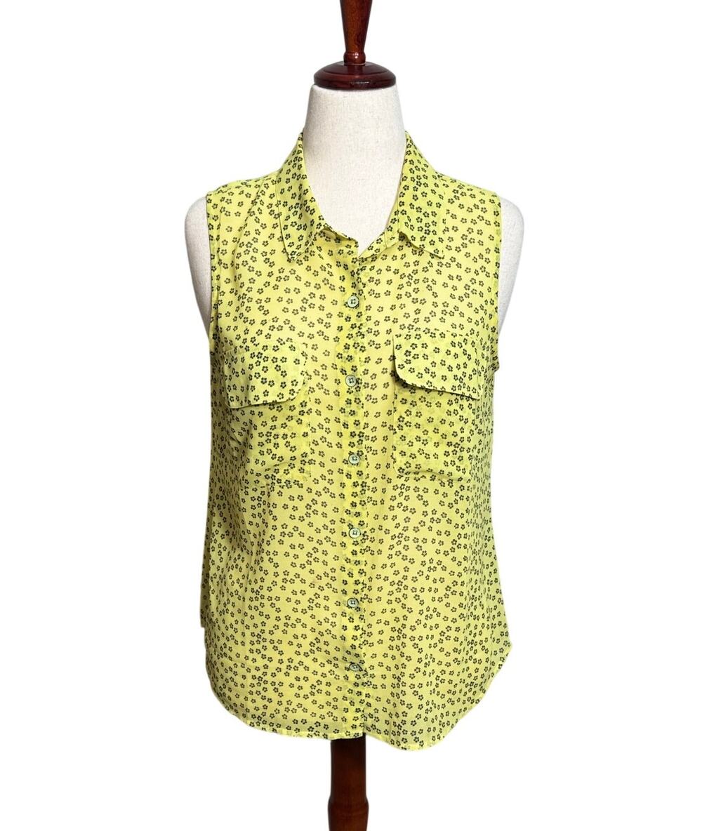 CAbi Viola sleeveless top button up collar yellow black floral daisy print Sz M